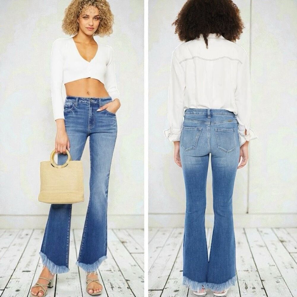 Kancan High Rise Ankle Bootcut Jeans Medium Wash Frayed Hem 13/30 NWT - Picture 6 of 12